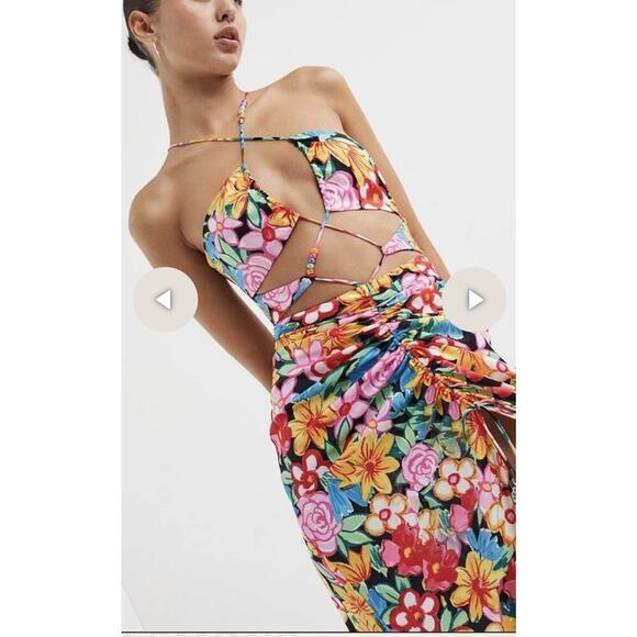 For Love And Lemons Satin Mallory Maxi Dress Cut-Out Multicolor Size Small - Picture 4 of 16